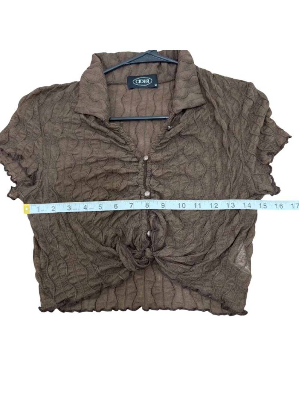 Cider Brown Sheer Ruched Button-Up Tie Front Crop Top Size M - Picture 5 of 10